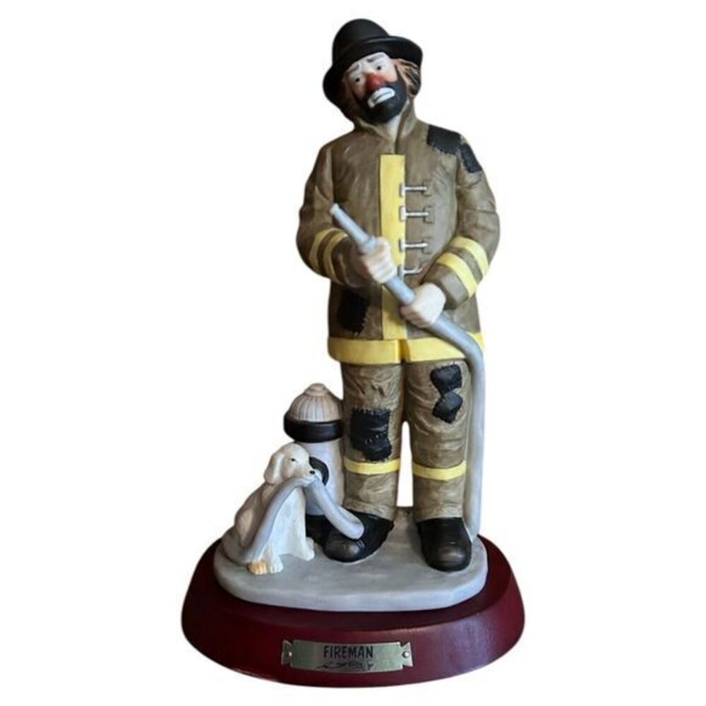 Emmett‎ Kelly Jr Flambro 9" Porcelain Clown Fireman Firefighter and Dog Figurine